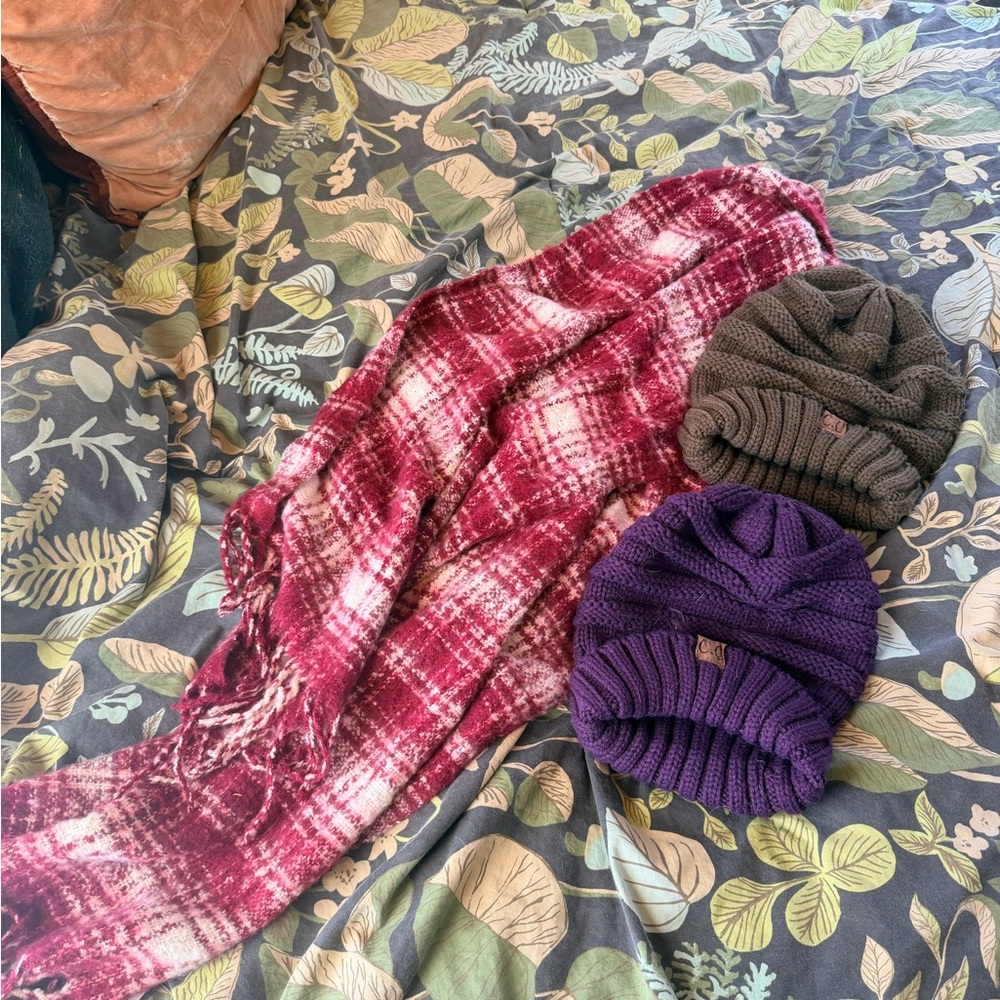 Plaid Scarf and Knit Beanies Set